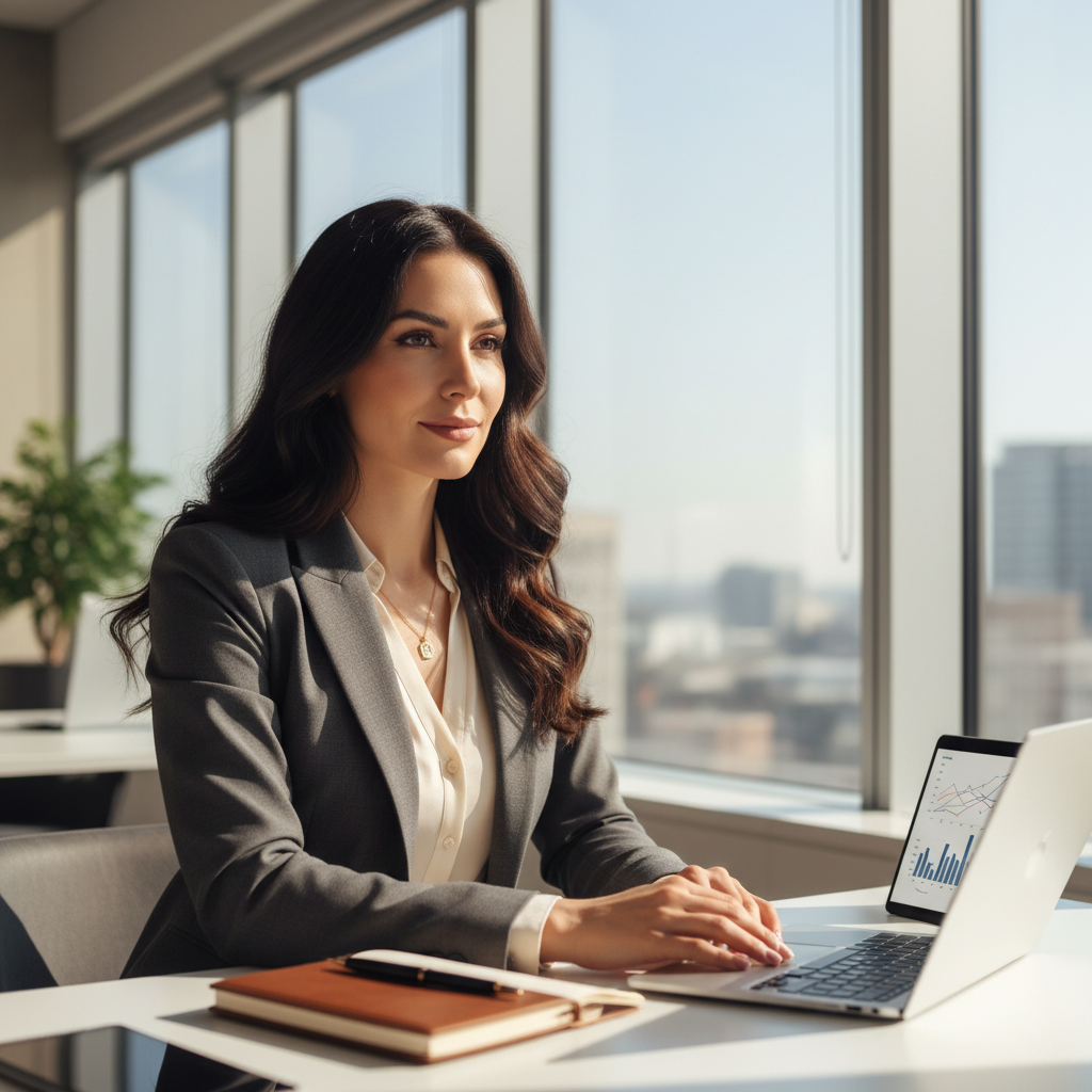 Quayla Mauk, Owner of Nexa Logics LLC — professional portrait at desk with laptop in a bright, clean office