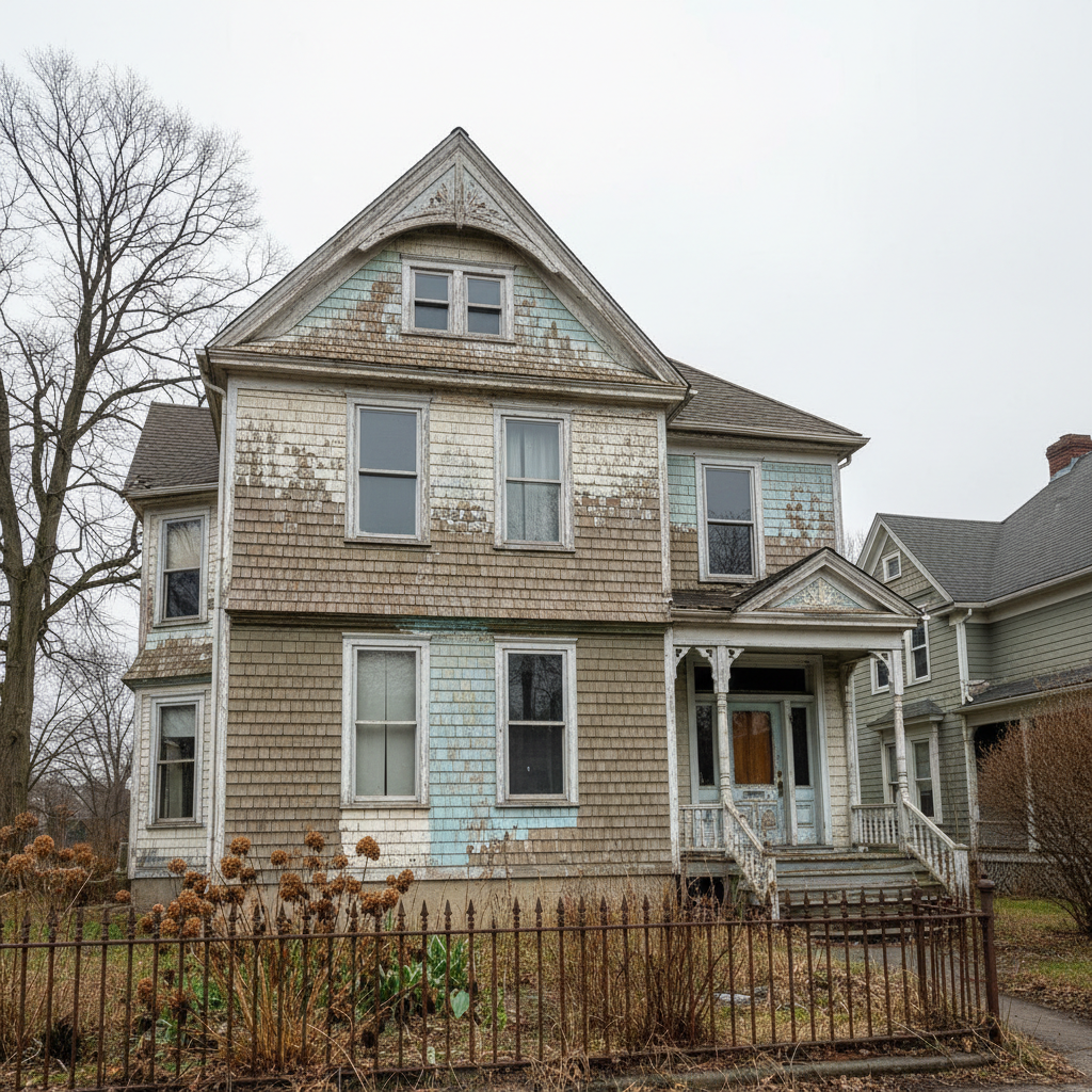 House exterior before painting. Peeling render, faded paintwork and weathered window frames