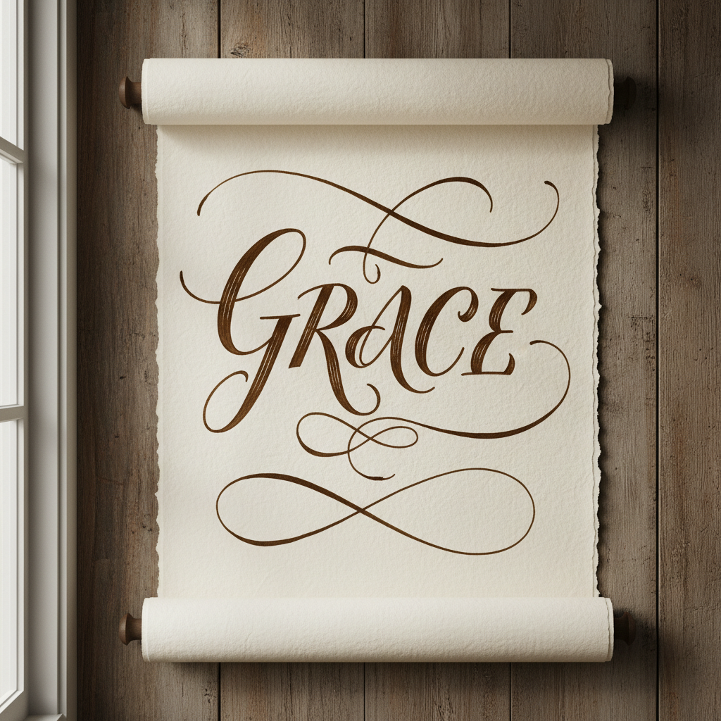A single word 'GRACE' rendered in pointed pen calligraphy at monumental scale on cream cotton paper