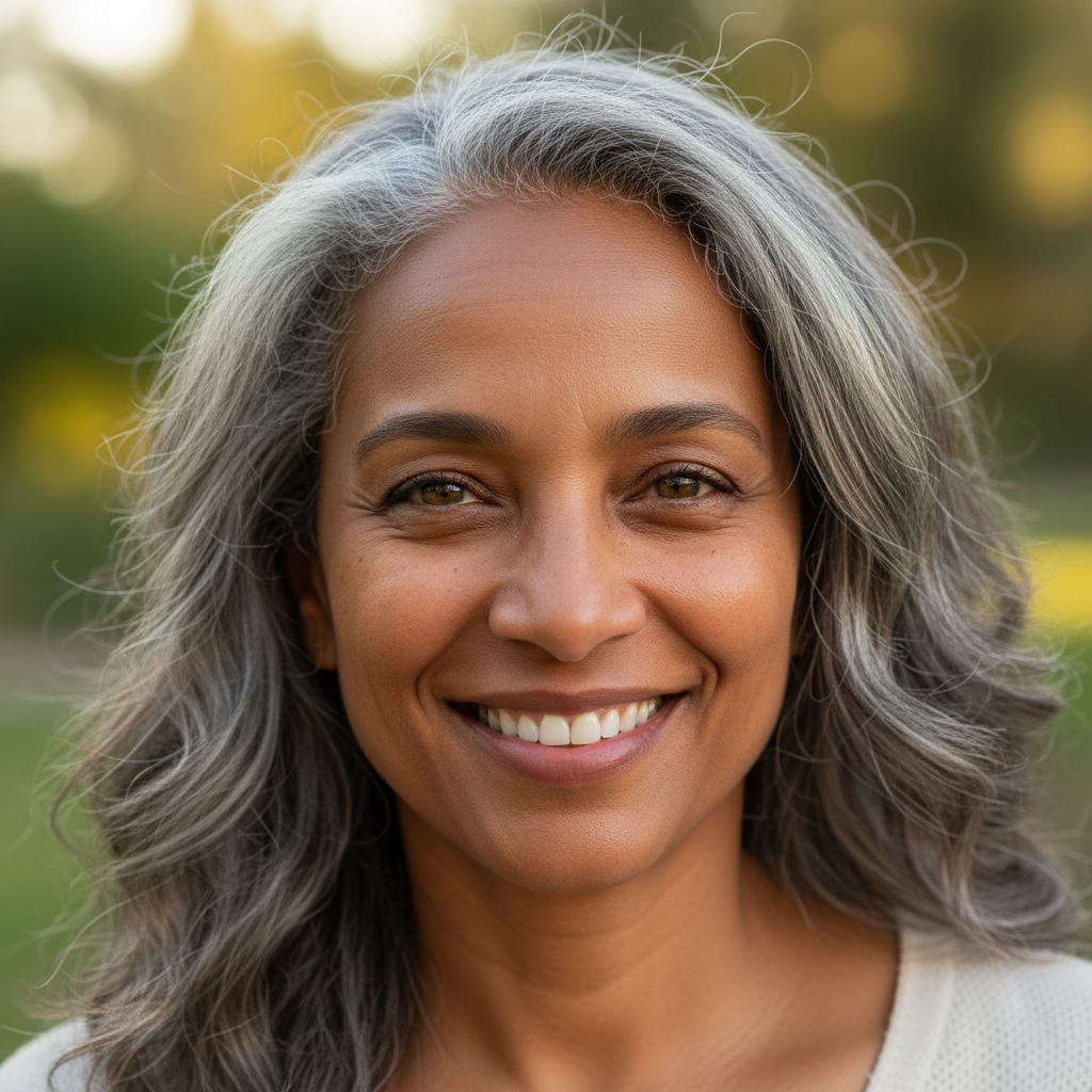 Portrait of Margaret, a woman with warm brown skin and silver-streaked hair, smiling outdoors