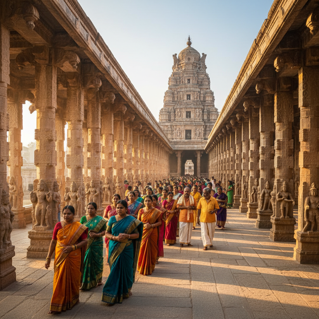 Rameswaram temple corridor with ornate pillars, golden hour light, devotees walking