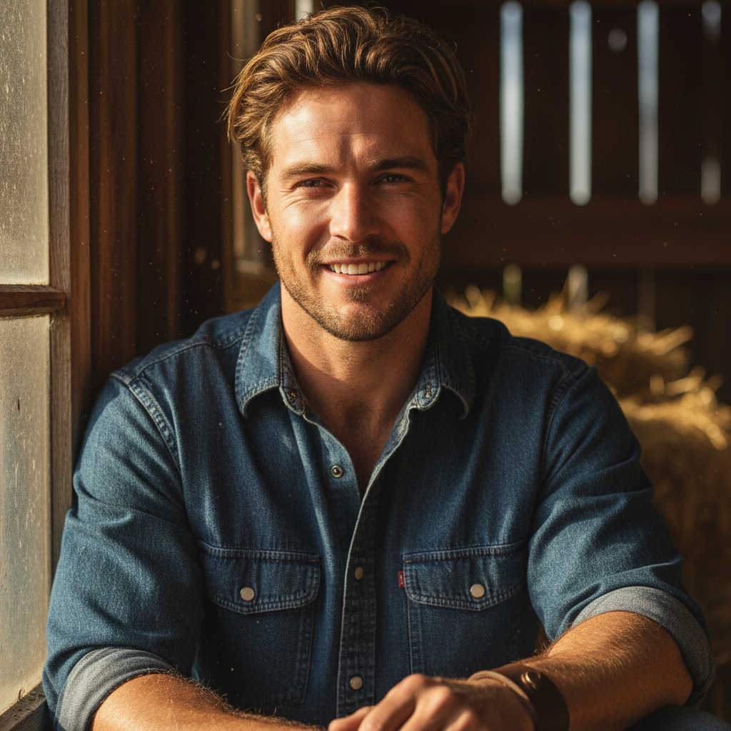 Young male rancher with a confident expression, wearing a work shirt