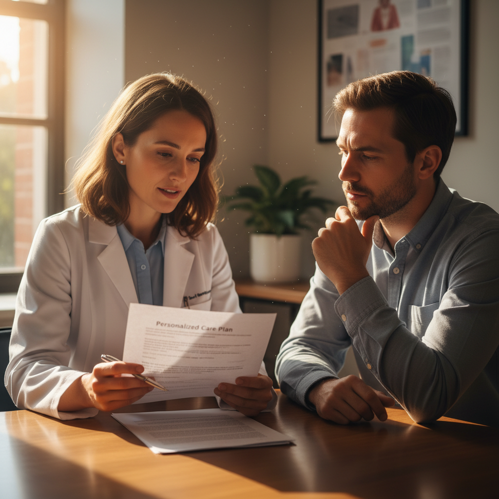 Doctor reviewing a printed care plan document with a patient at a desk with afternoon sunlight