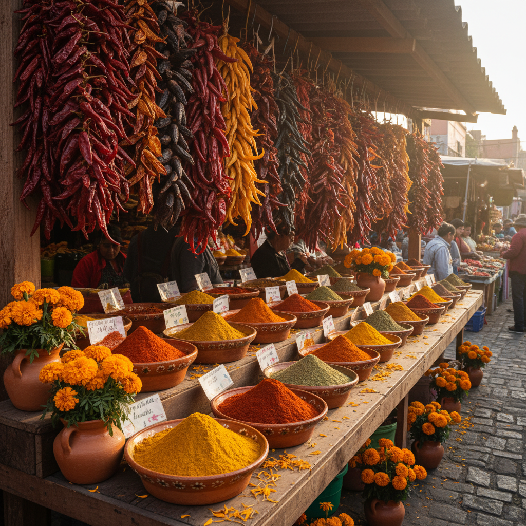 Colourful Oaxacan market stall with dried chiles, spices, and local produce in warm afternoon light