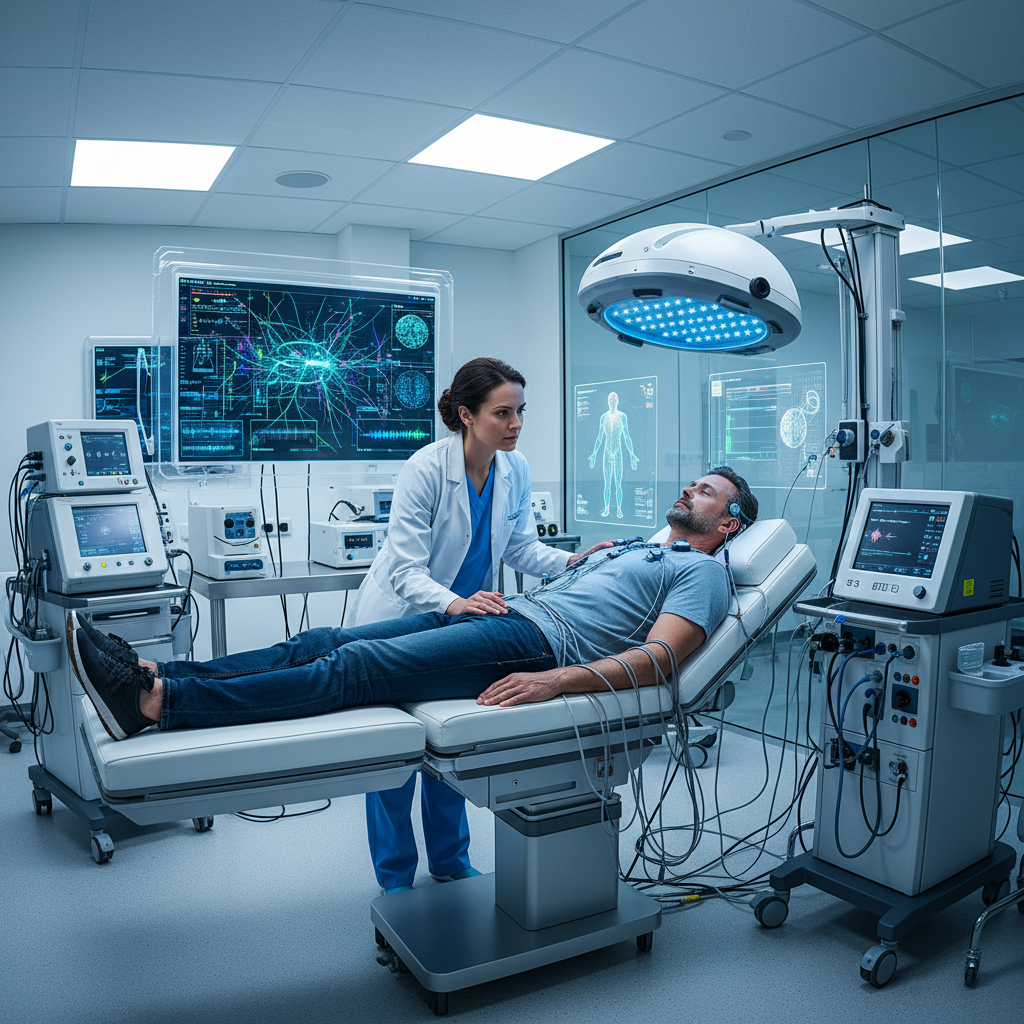 Neurologist performing nerve conduction study on patient in clinical setting, professional diagnostic procedure