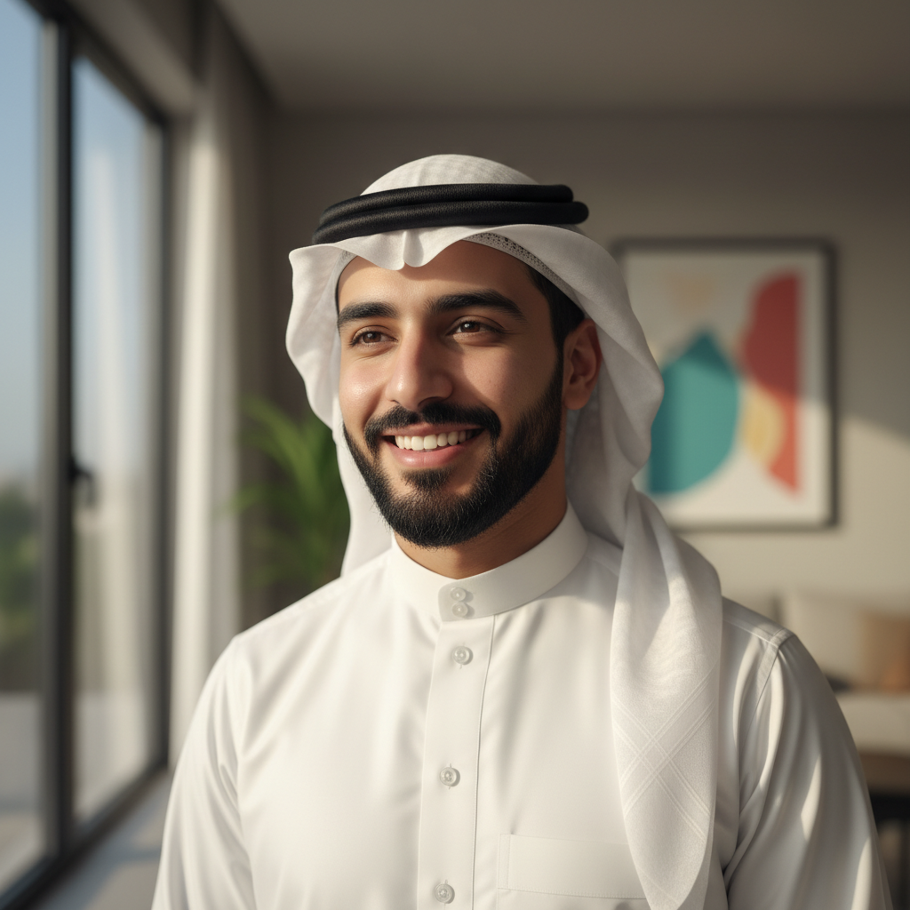 رجل سعودي بثوب أبيض يبتسم بثقة
