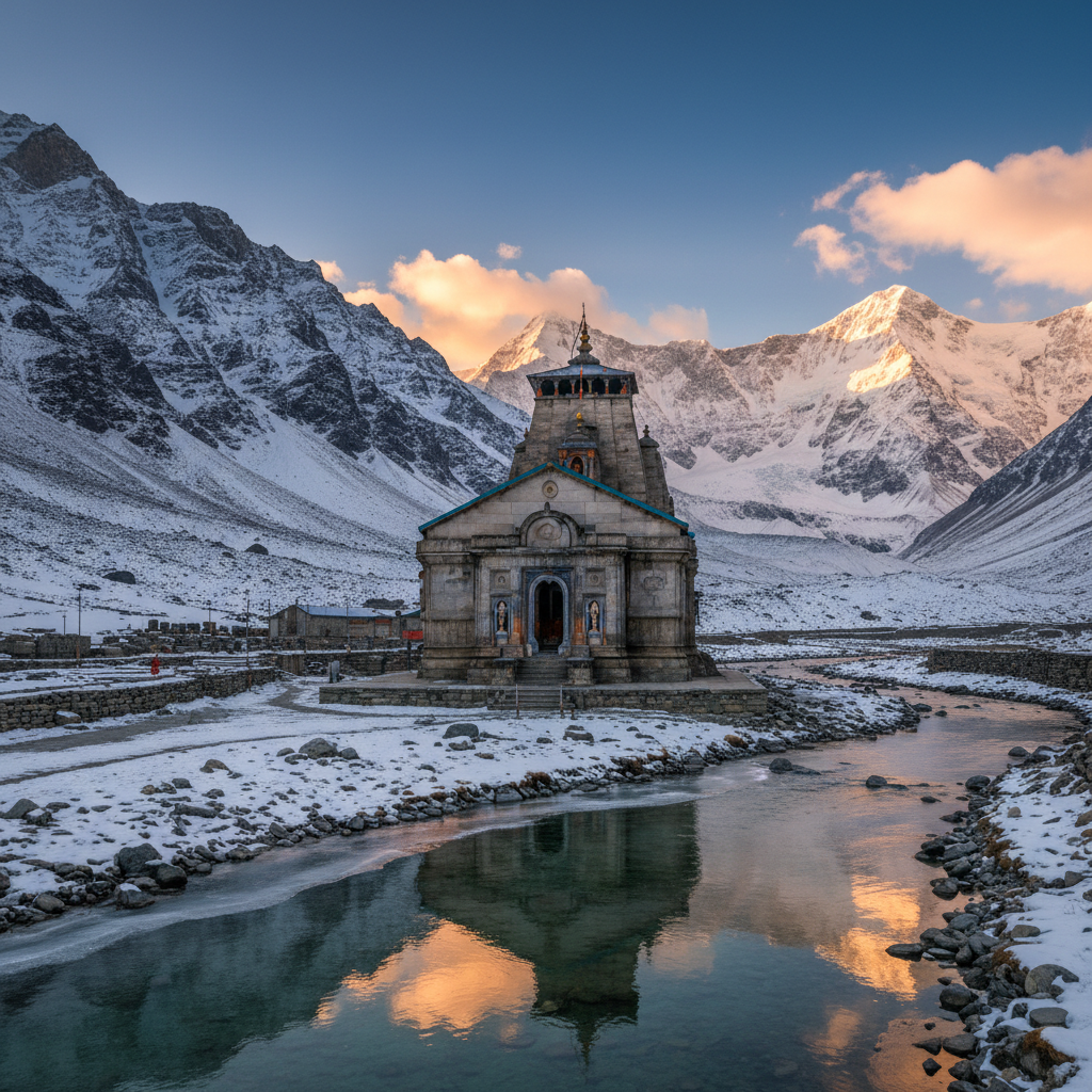 Kedarnath temple in the Himalayas with snow-capped peaks behind at golden hour