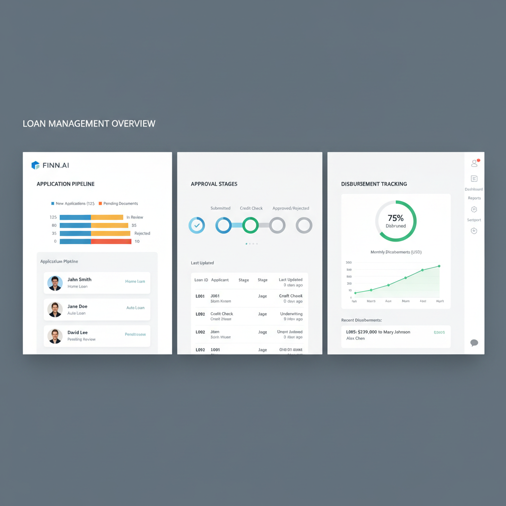 Fintech dashboard showing loan origination pipeline with compliance status indicators and approval metrics