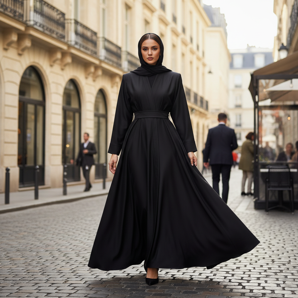 Sleek onyx crepe abaya with structured shoulders, European urban backdrop