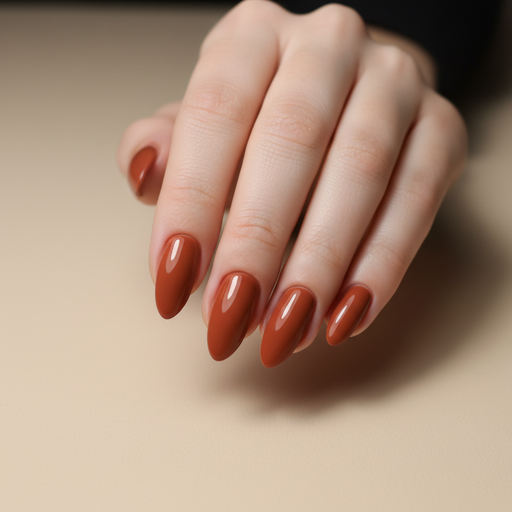 Perfectly shaped almond nails in warm terracotta shade