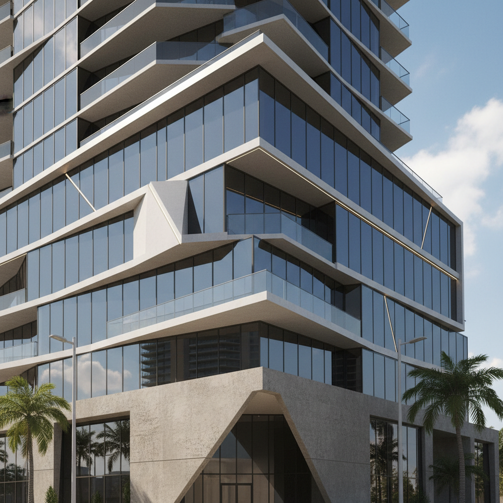 Architectural detail of modern condominium building corner with angular design