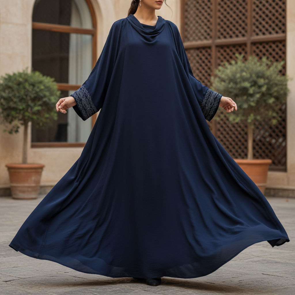 Elegant woman in flowing dark abaya against warm architectural background, golden hour lighting