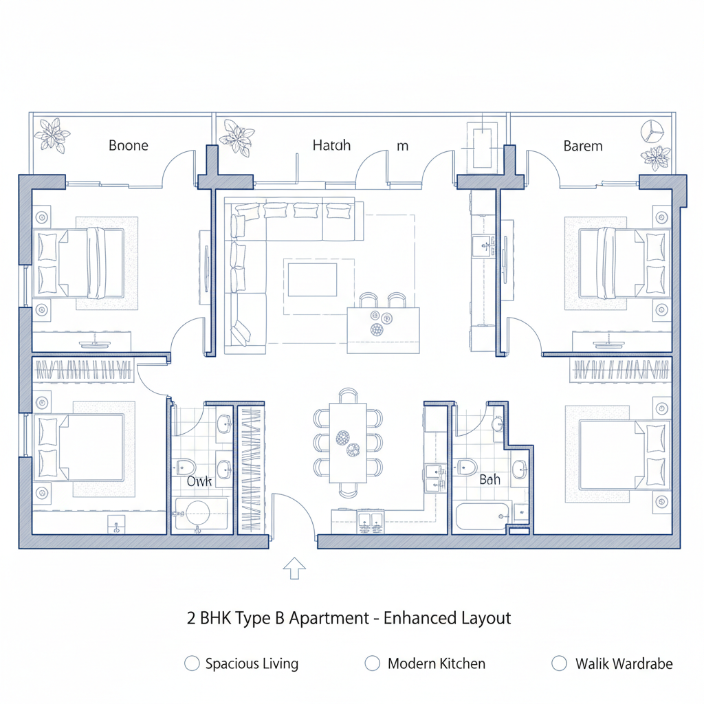 Detailed architectural floor plan showing 3 BHK layout with room dimensions and furniture placement