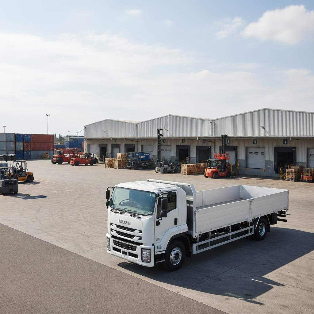 Yard truck terminal tractor in industrial logistics yard, steel equipment, freight terminal