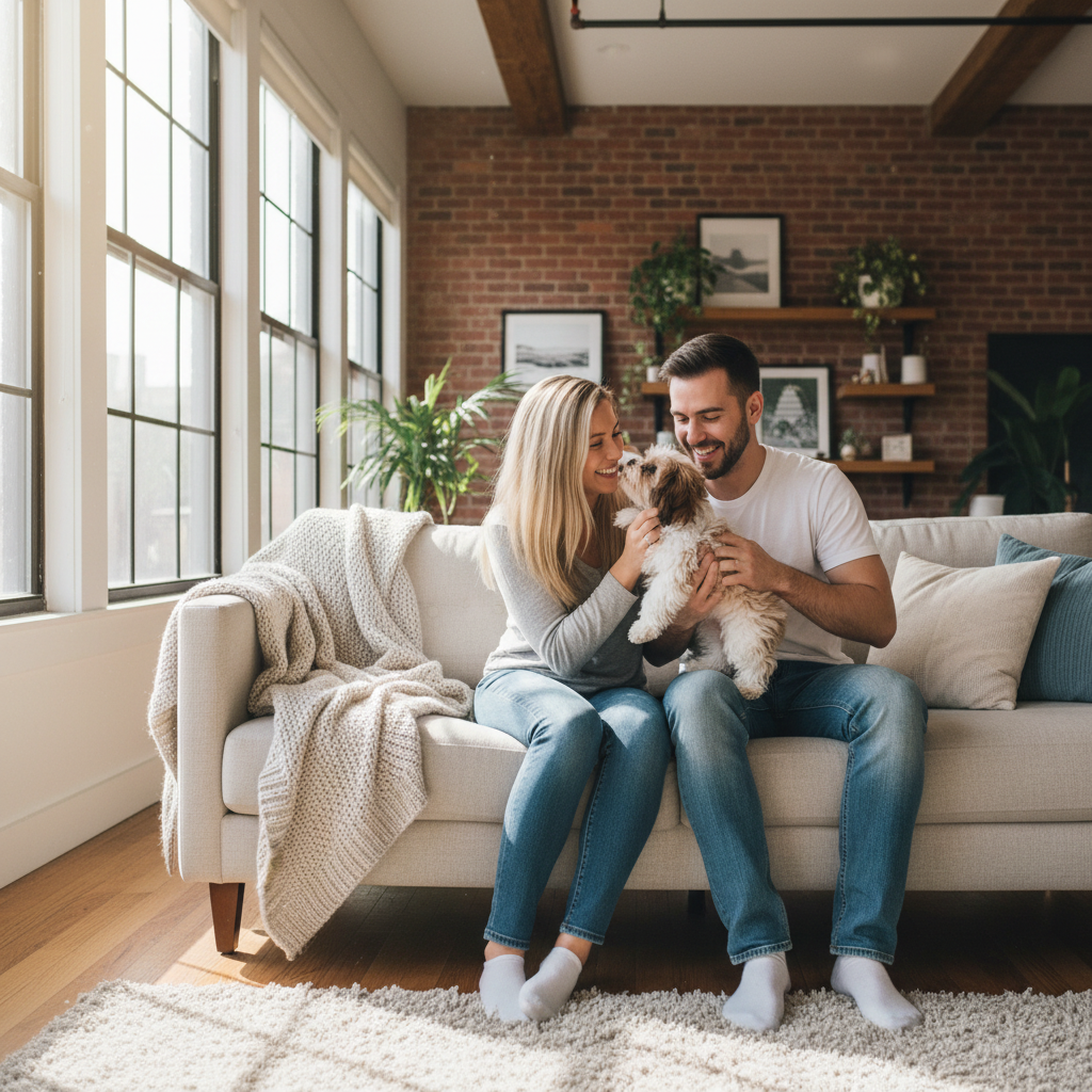 Young couple with their Shih Tzu puppy in their apartment