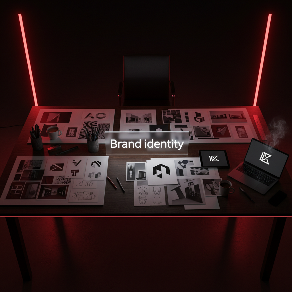 Brand design process with sketches and mockups on dark surface, creative studio with warm accent lighting