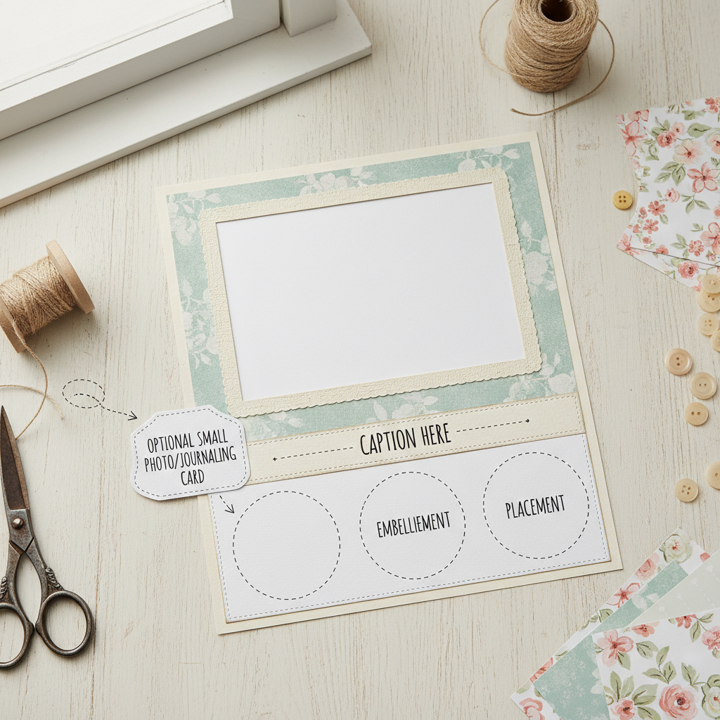 Single page memory album template with large focal photo area, caption strip, and embellishment placement guides