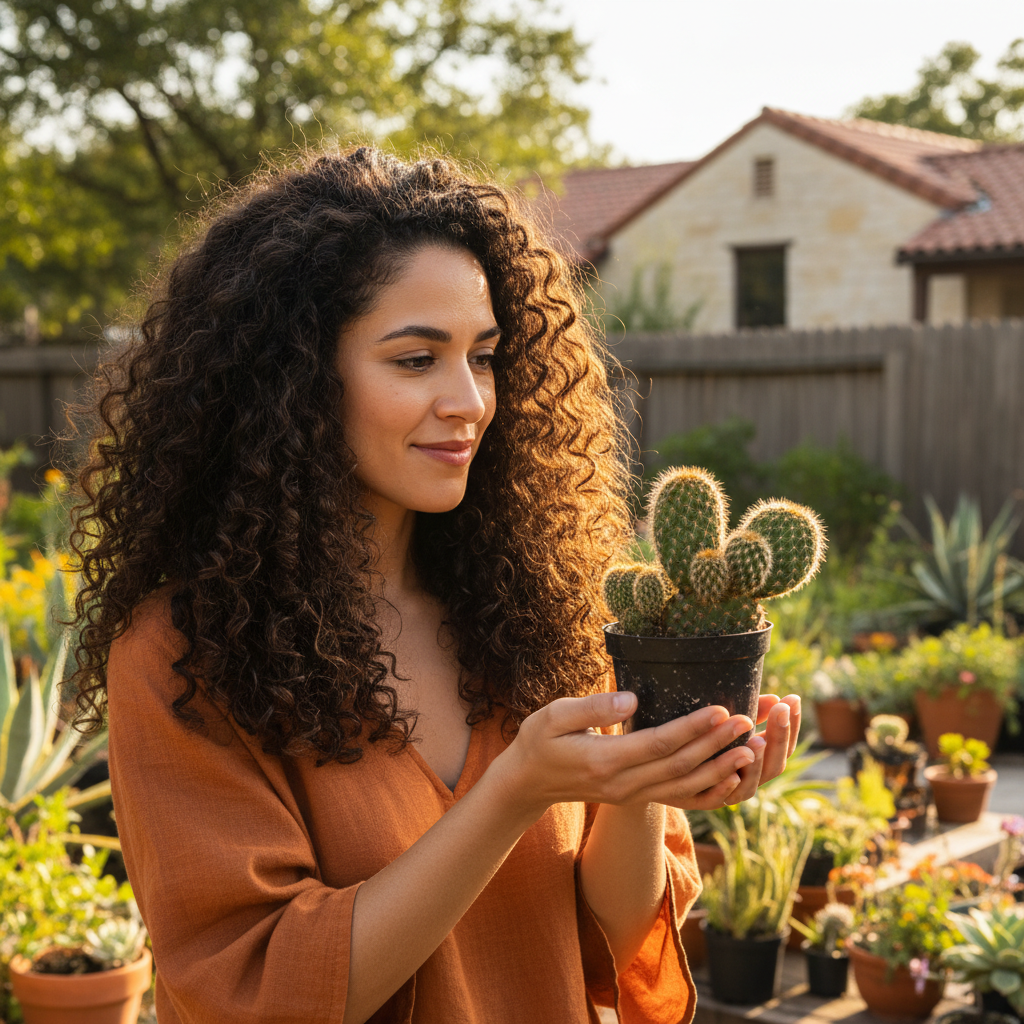 Latina woman with curly hair, cactus collector from Austin