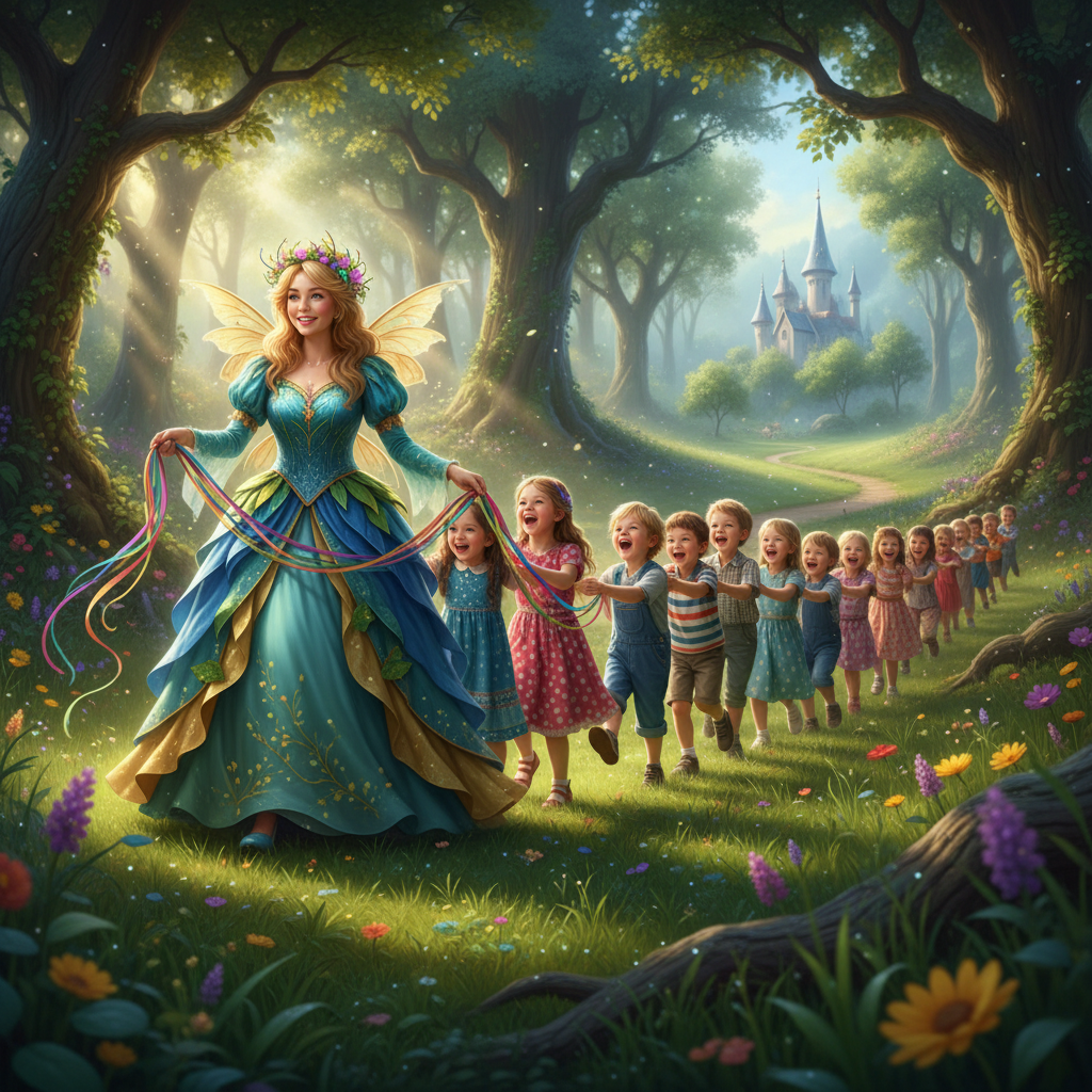 Fairy tale character leading a conga line of delighted children across a sunlit backyard