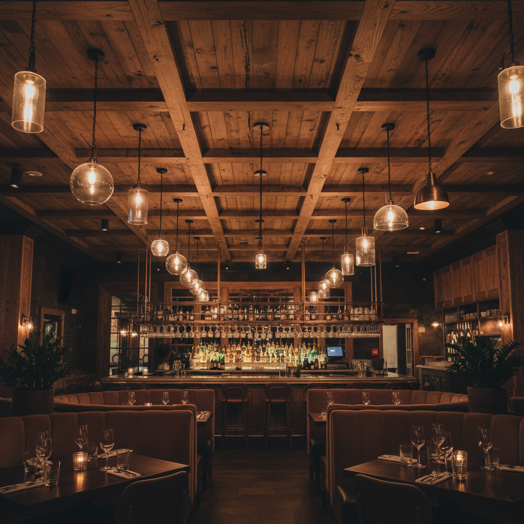 Dramatic restaurant interior with reclaimed oak ceiling, pendant lights hung low, and a full bar visible in the background