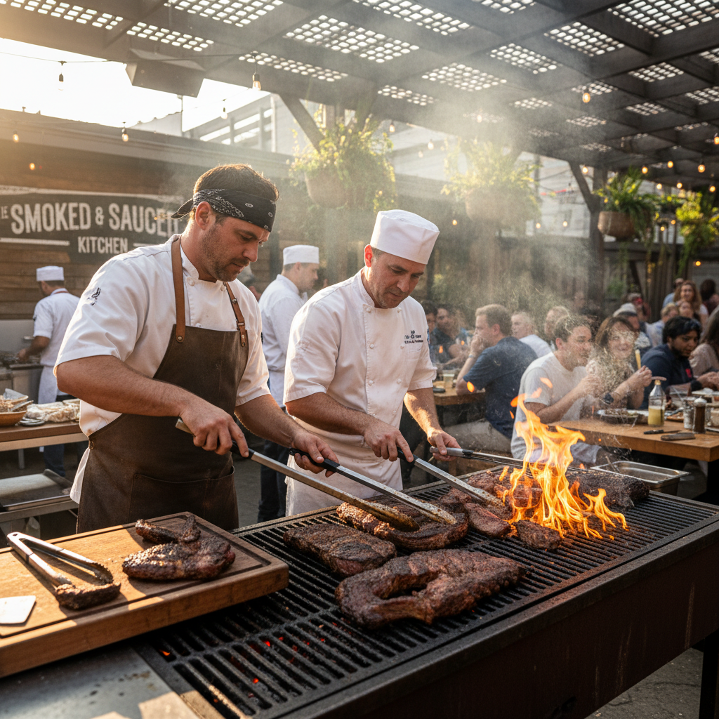 Pitmaster and James Beard chef collaborating over live fire at restaurant pop-up