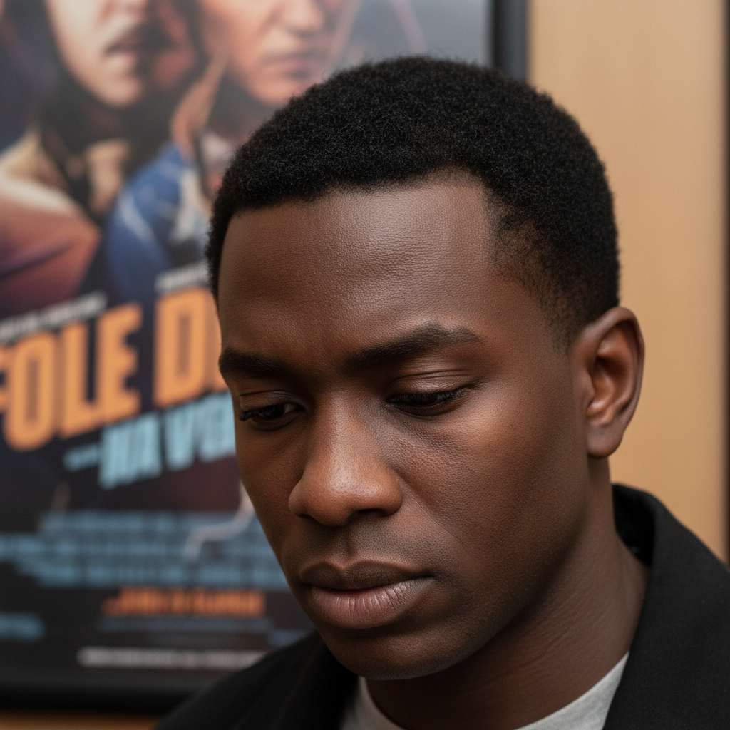 Black man with short hair and thoughtful expression in a dark room with a film poster visible behind him