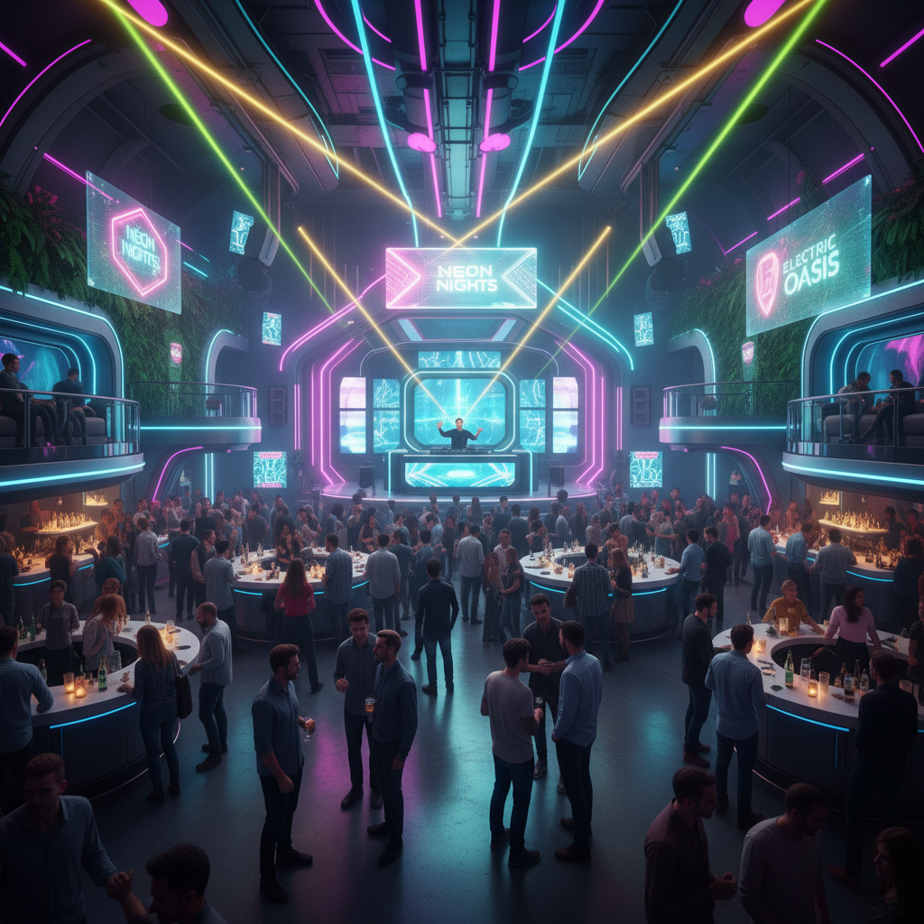 Vibrant nightclub with colorful neon lights, packed dance floor and energetic atmosphere