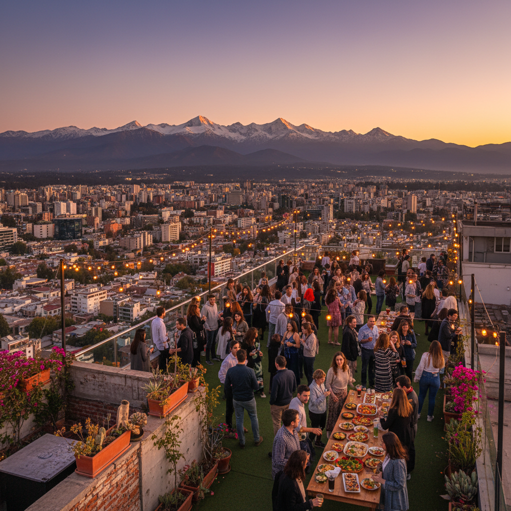 Rooftop party at sunset with city skyline and crowd dancing