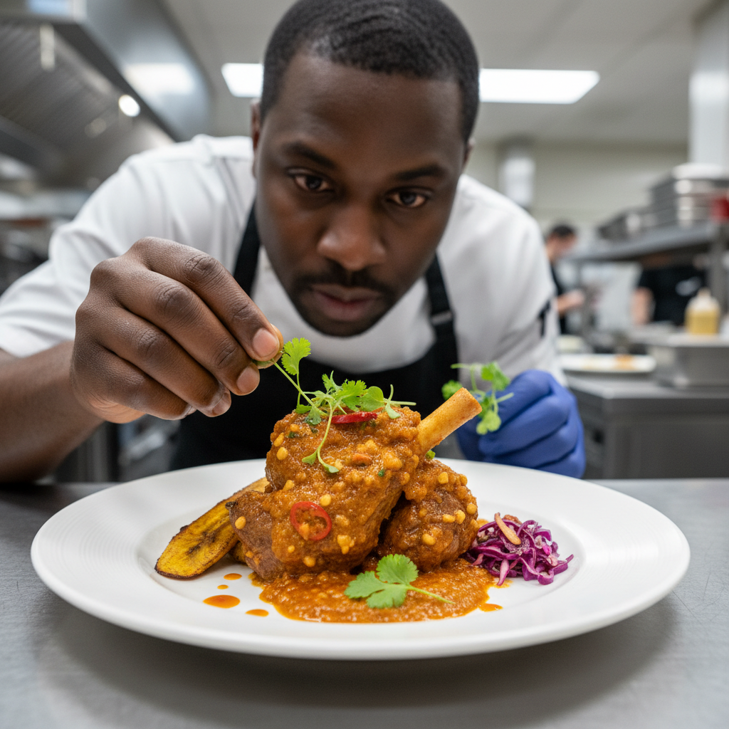 Latin American chef in casual attire plating colourful dish with focused intensity in modern kitchen