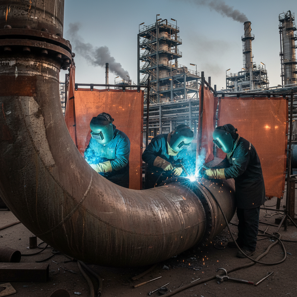 Industrial welders working on large pressure vessel piping in a refinery turnaround, blue TIG arc visible through welding curtain