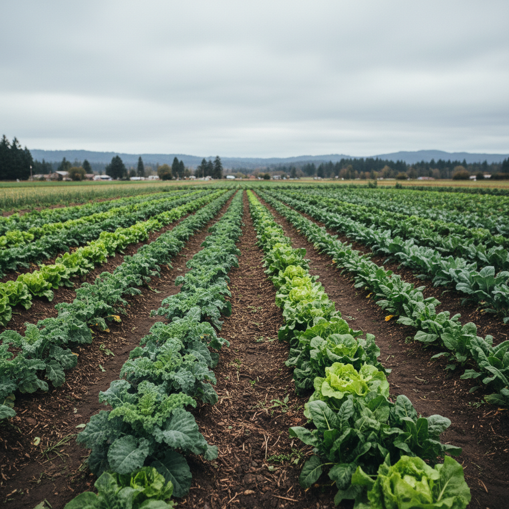 Organic vegetable farm rows with rich green produce under cloudy Pacific Northwest sky