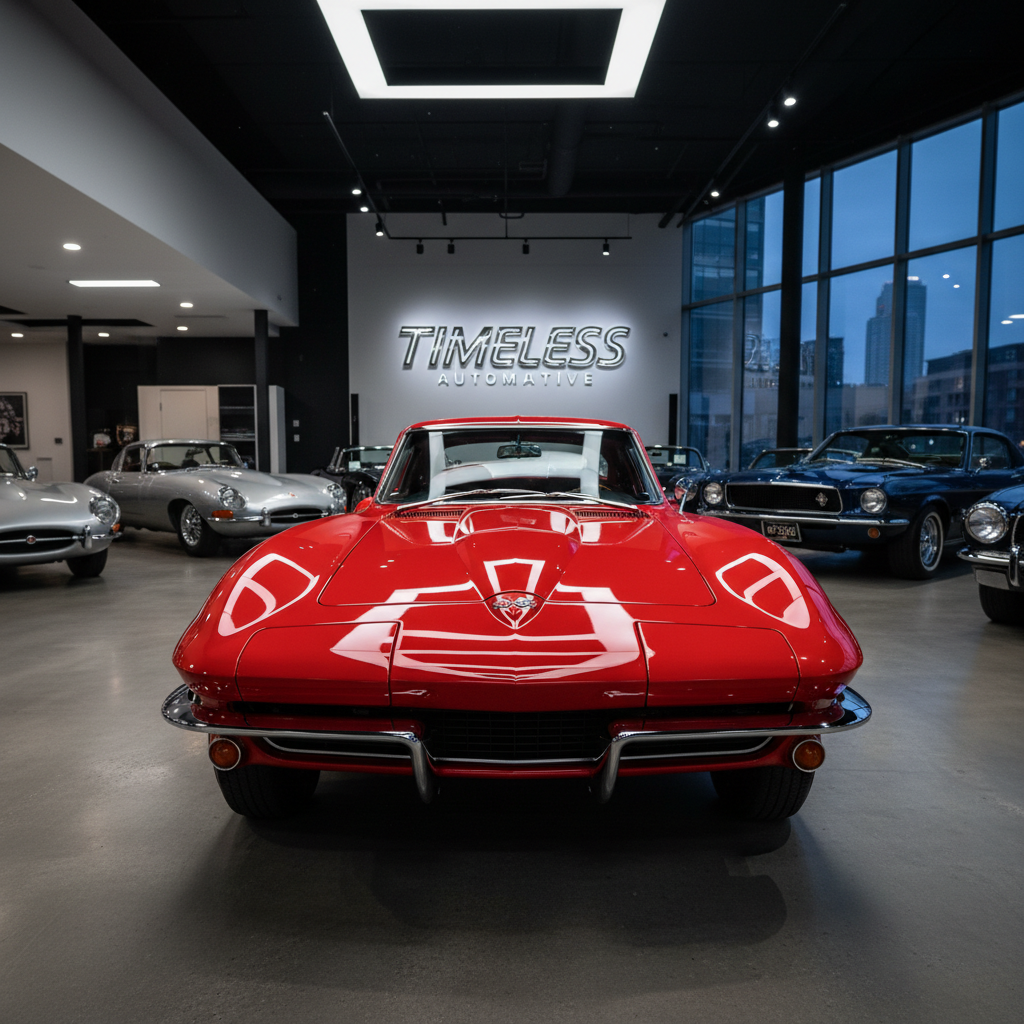 Classic vintage car in pristine condition parked inside a showroom with dramatic lighting