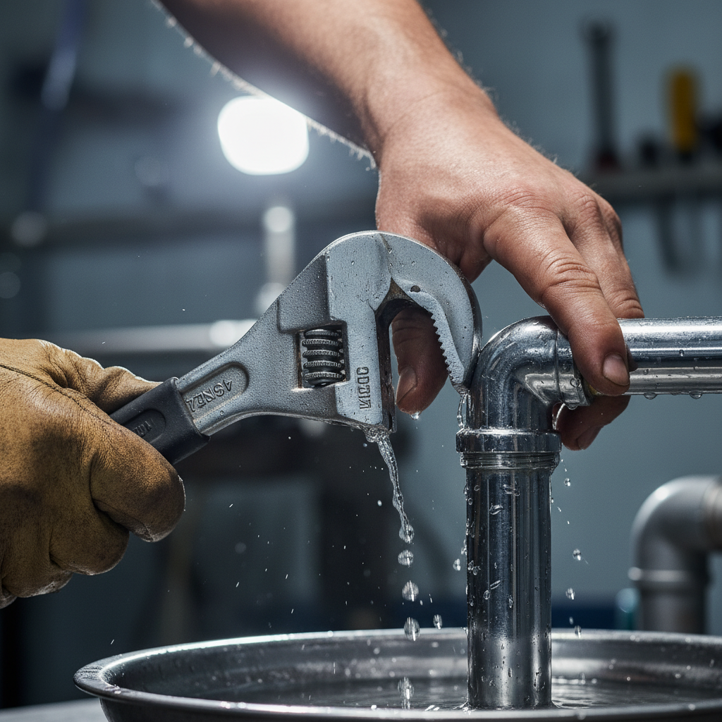 Plumber repairing chrome kitchen mixer tap, close-up of hands and tools