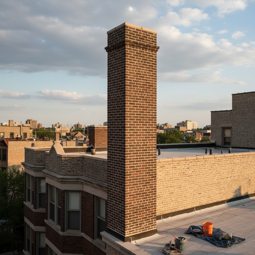 Completed chimney restoration on 1908 Wicker Park building showing fresh lime mortar joints matching original profile