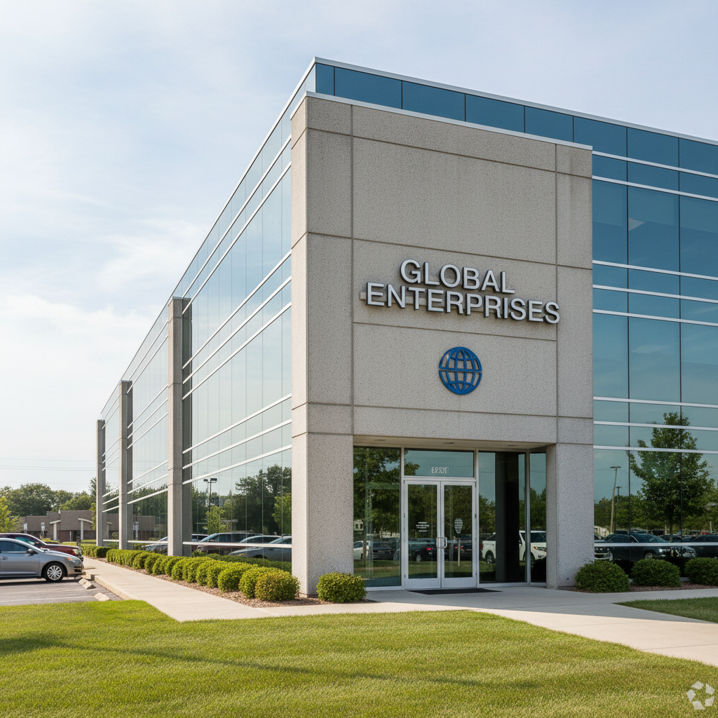 Generic suburban office building exterior with standard commercial signage, before conversion