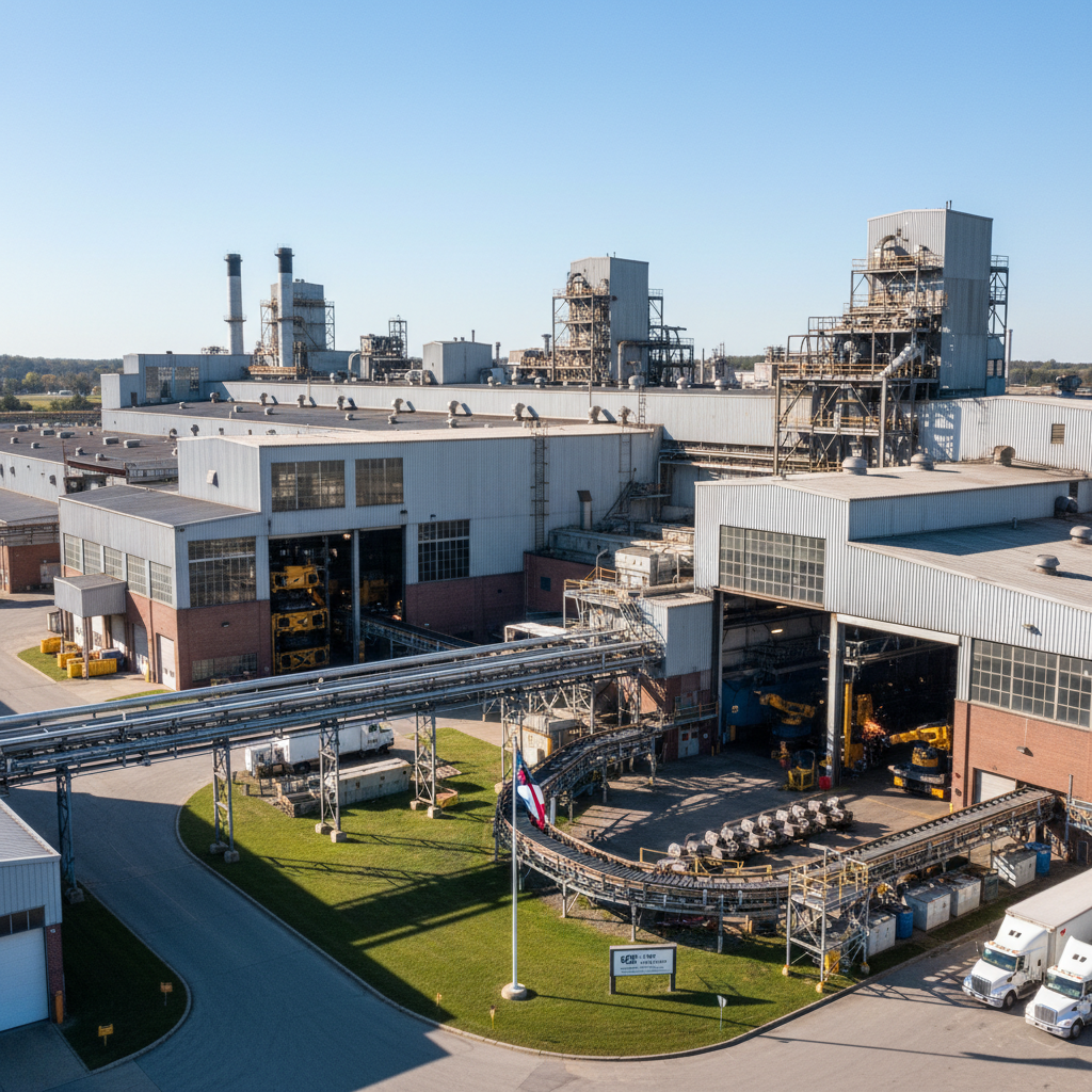Aerial drone view of large industrial manufacturing facility with smoke stacks at dusk