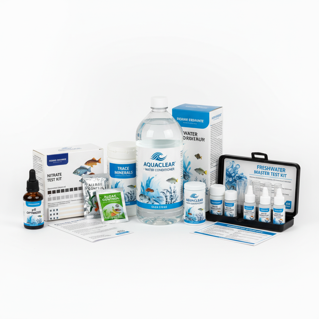 Pool water chemistry test kit chemicals on white background