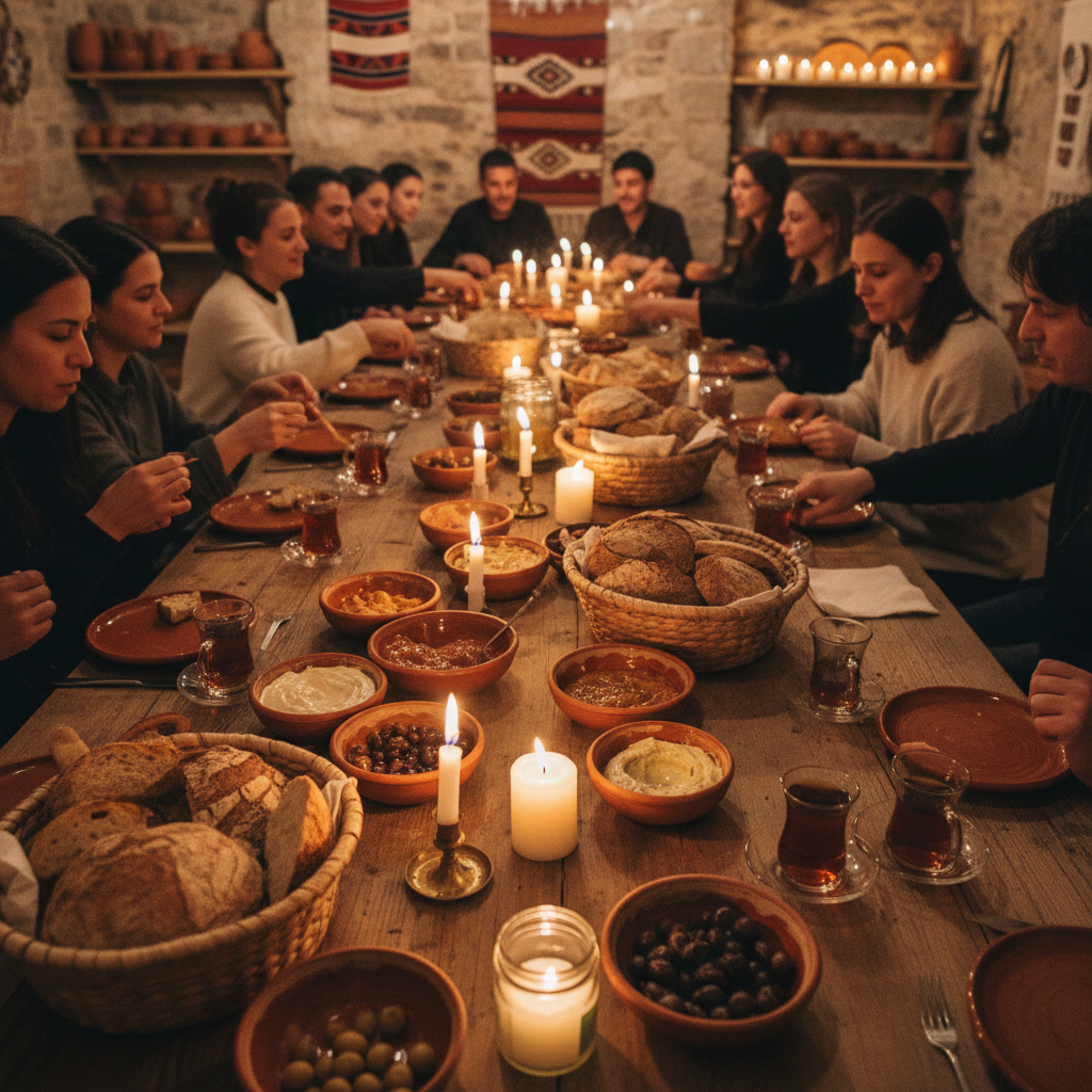 Long communal table set with ceramic bowls, bread, and tea glasses in warm candlelight