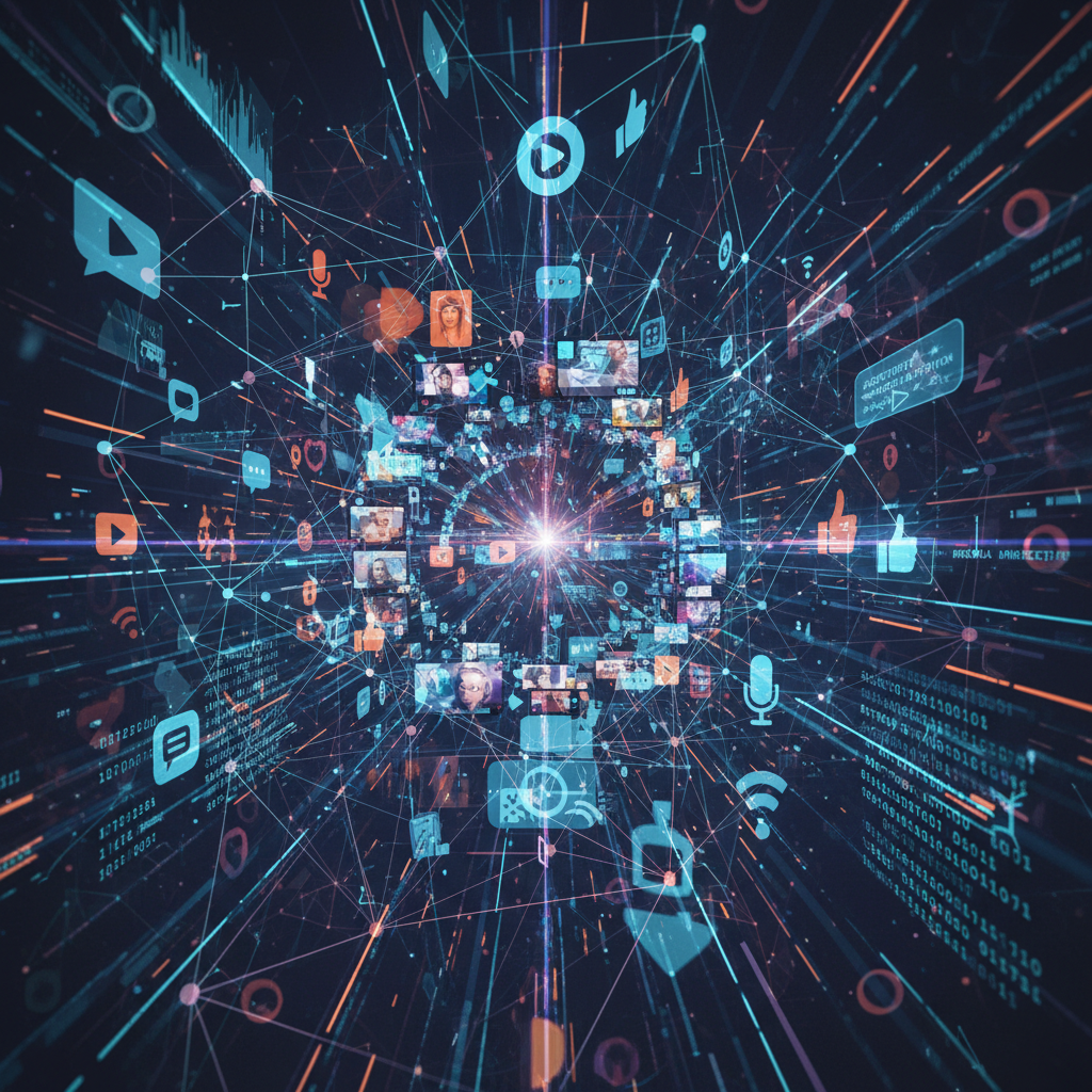 Network of wireless towers and infrastructure connected by glowing digital lines