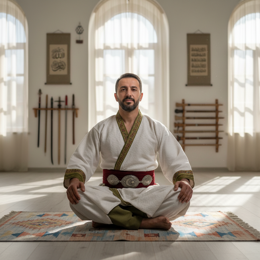 Turkish martial arts practitioner in traditional uniform meditating in peaceful training space with natural light