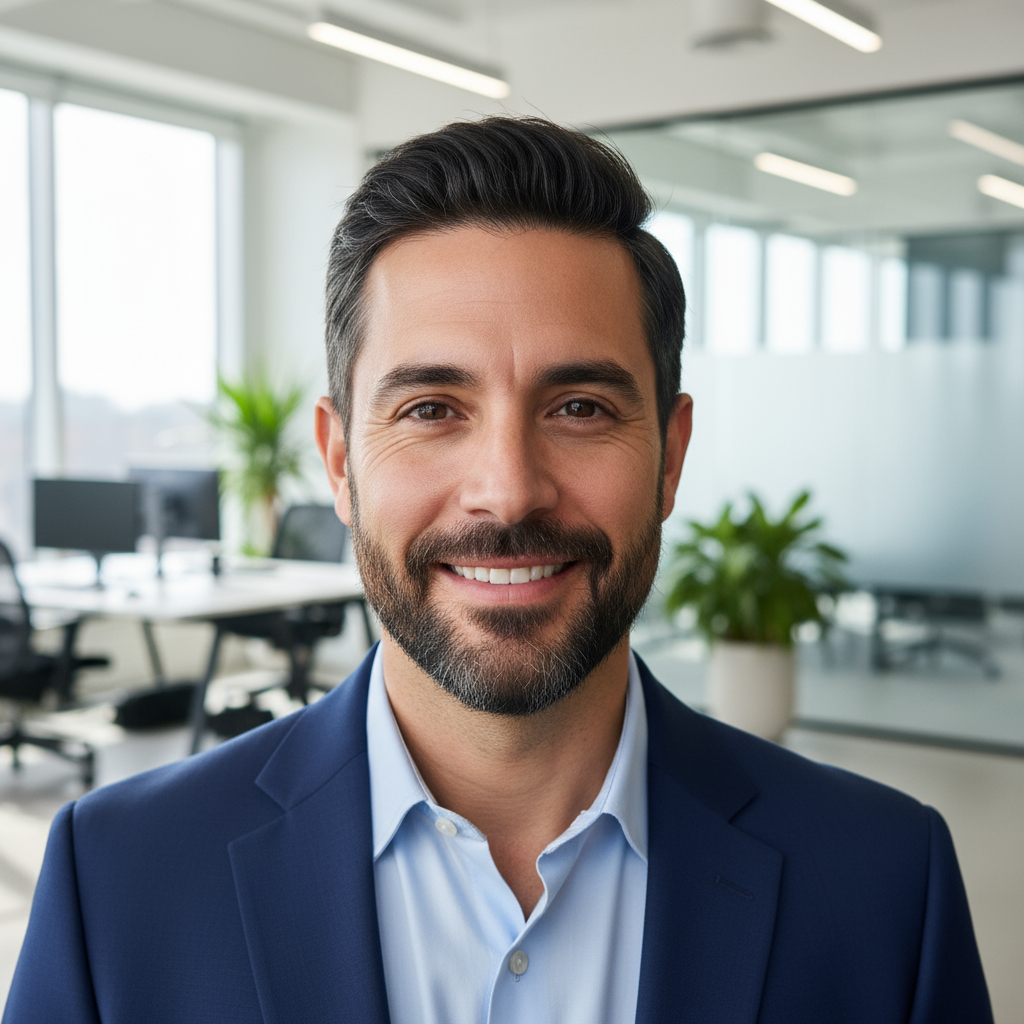 Hispanic male entrepreneur in navy suit with short beard smiling in bright modern workspace