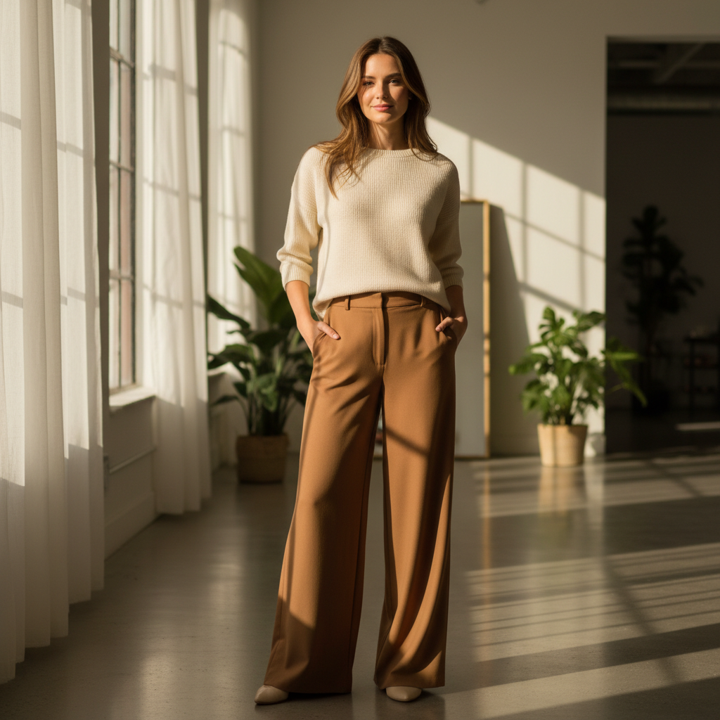 Wide leg trousers in caramel tan, relaxed sophisticated silhouette, warm light