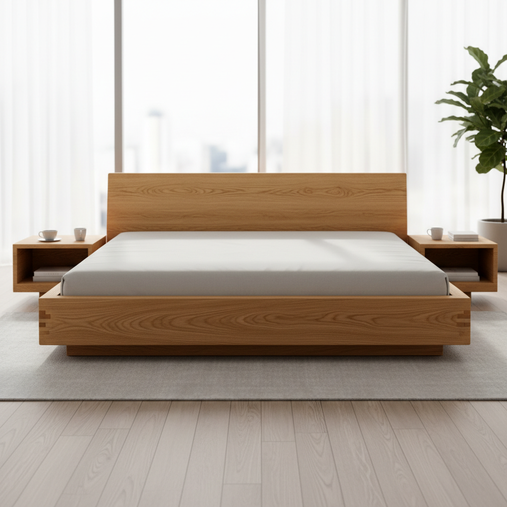 Custom low-profile oak platform bed with cream upholstered headboard in minimalist bedroom