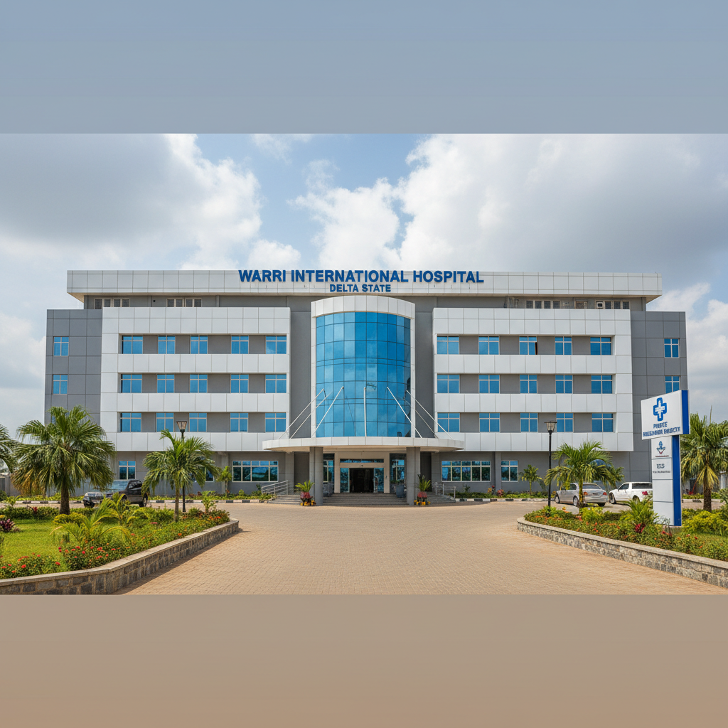 Private hospital in Warri Delta State, clean modern building, professional signage, healthcare facility