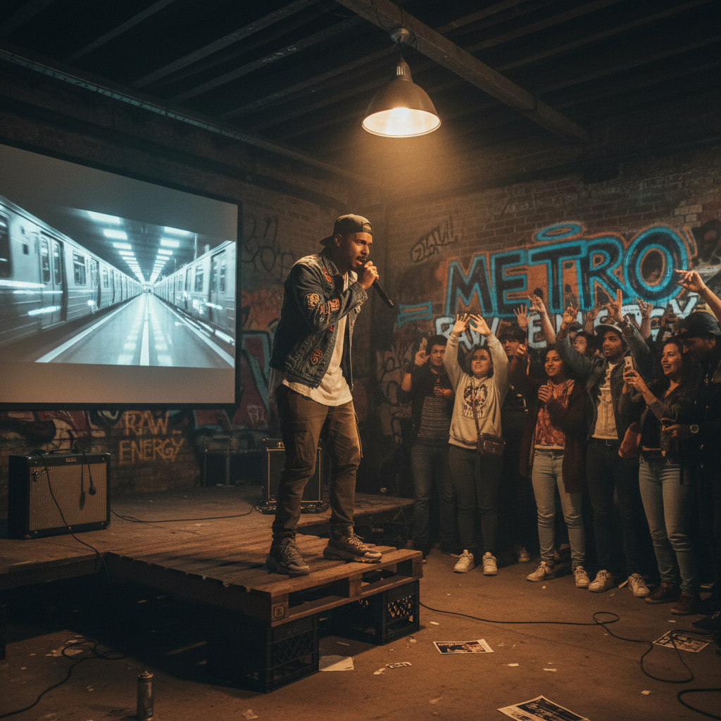 Young trap artist performing on stage in dark venue with dramatic backlighting and atmospheric haze