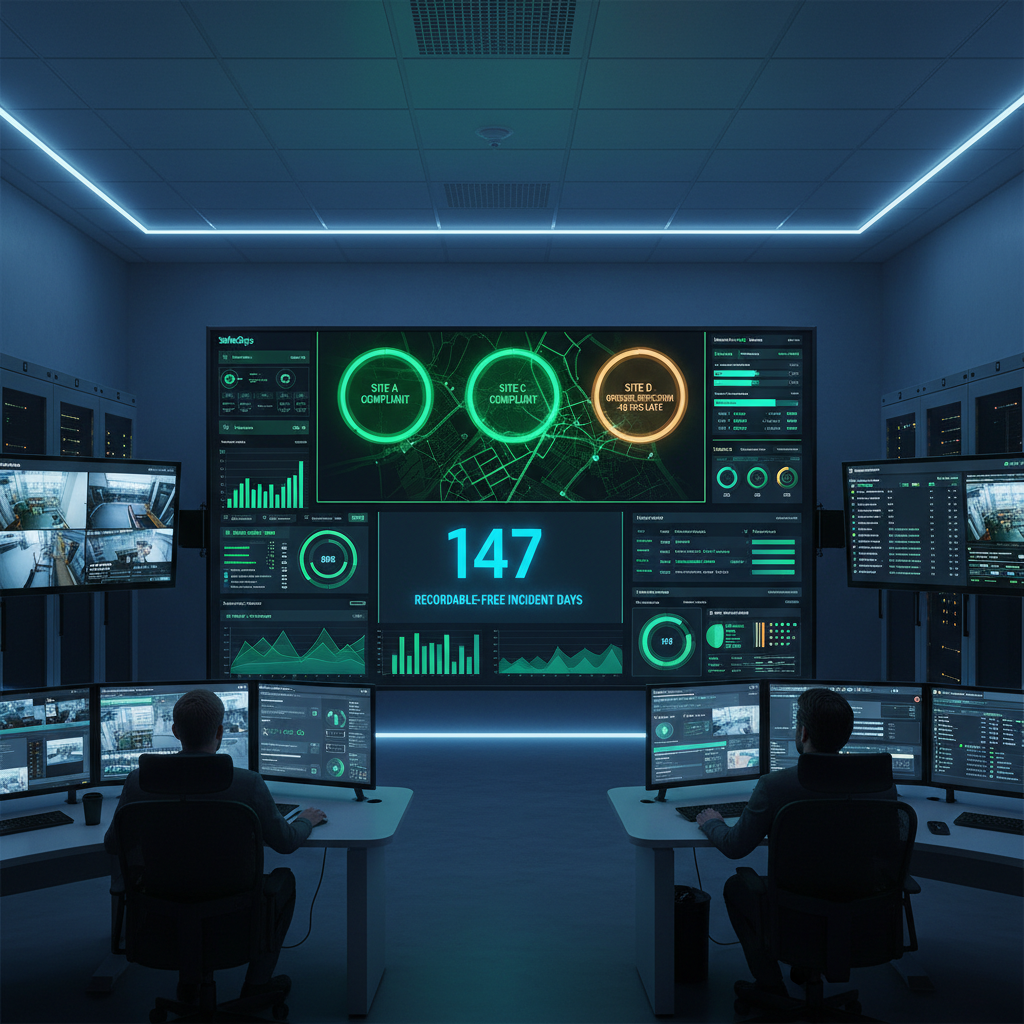 SafeOps command center dashboard showing three sites with green compliance status, one amber alert for overdue inspection, and 147-day recordable-free incident ticker