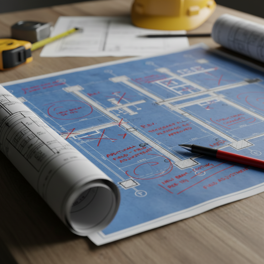 Close-up of hand-drawn architectural section with red correction marks