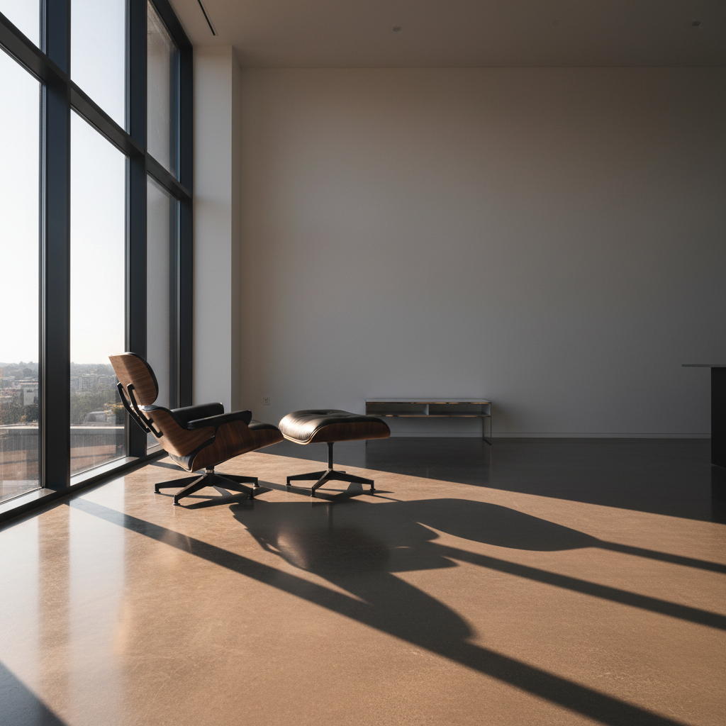 Finished module interior at golden hour, polished concrete floor with long shadow from single Eames chair near floor-to-ceiling window