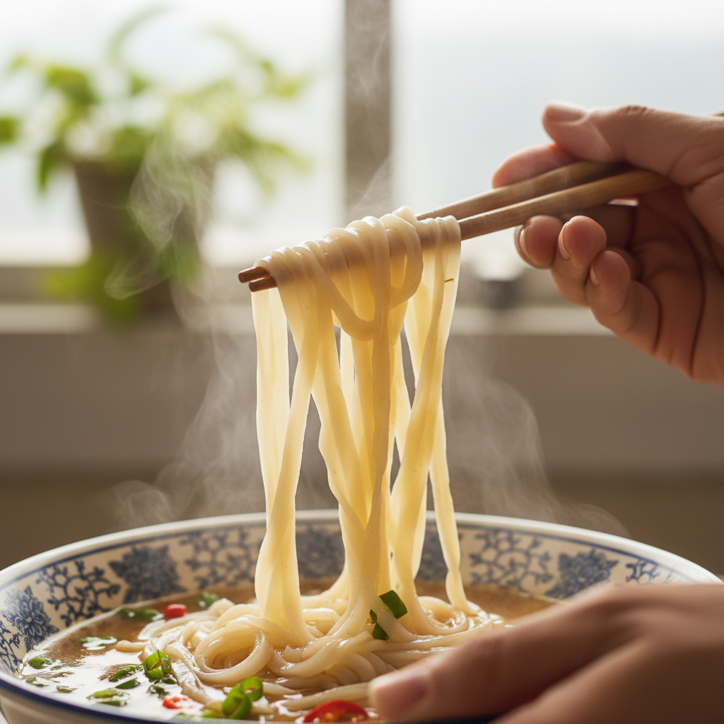 Hands pulling fresh rice noodles through steaming broth in a Vietnamese kitchen, droplets catching morning light