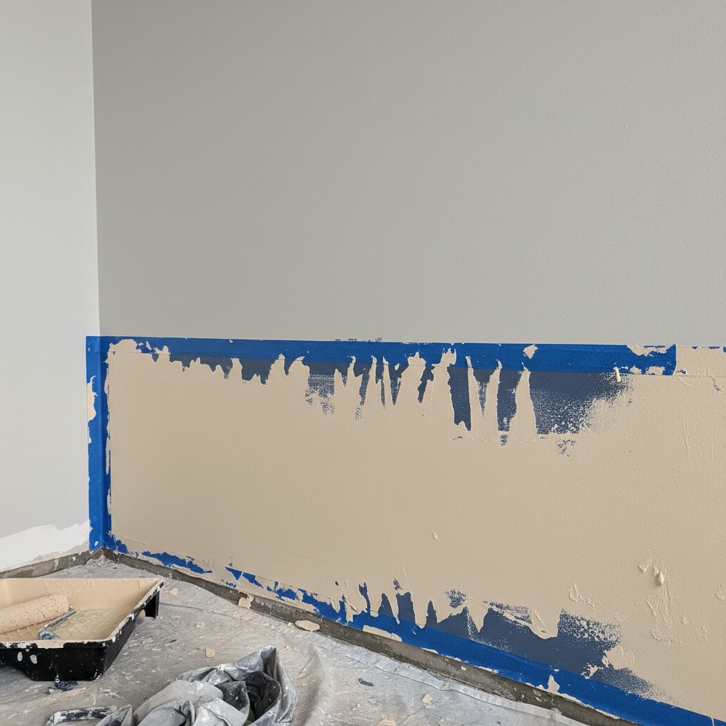 Paint tape line bleeding through freshly painted wall showing incomplete finish work